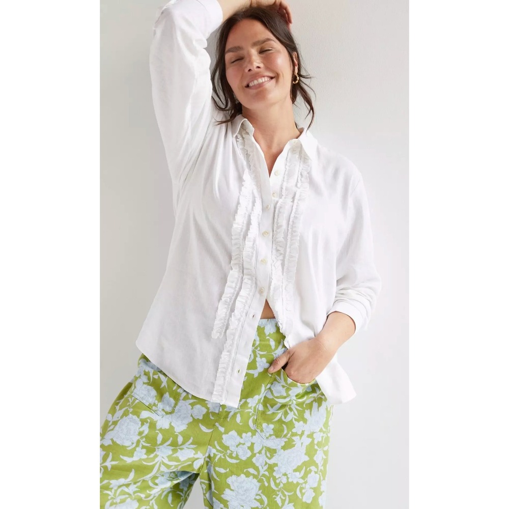 Anthropologie Pilcro Ruffle Button Down Shirt XXS White‎ Boho Coquette ChicEUC